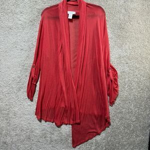 Soft‎ Surroundings Duster Cardigan Women's L Coral Asymmetrical Roll Tab Sleeve